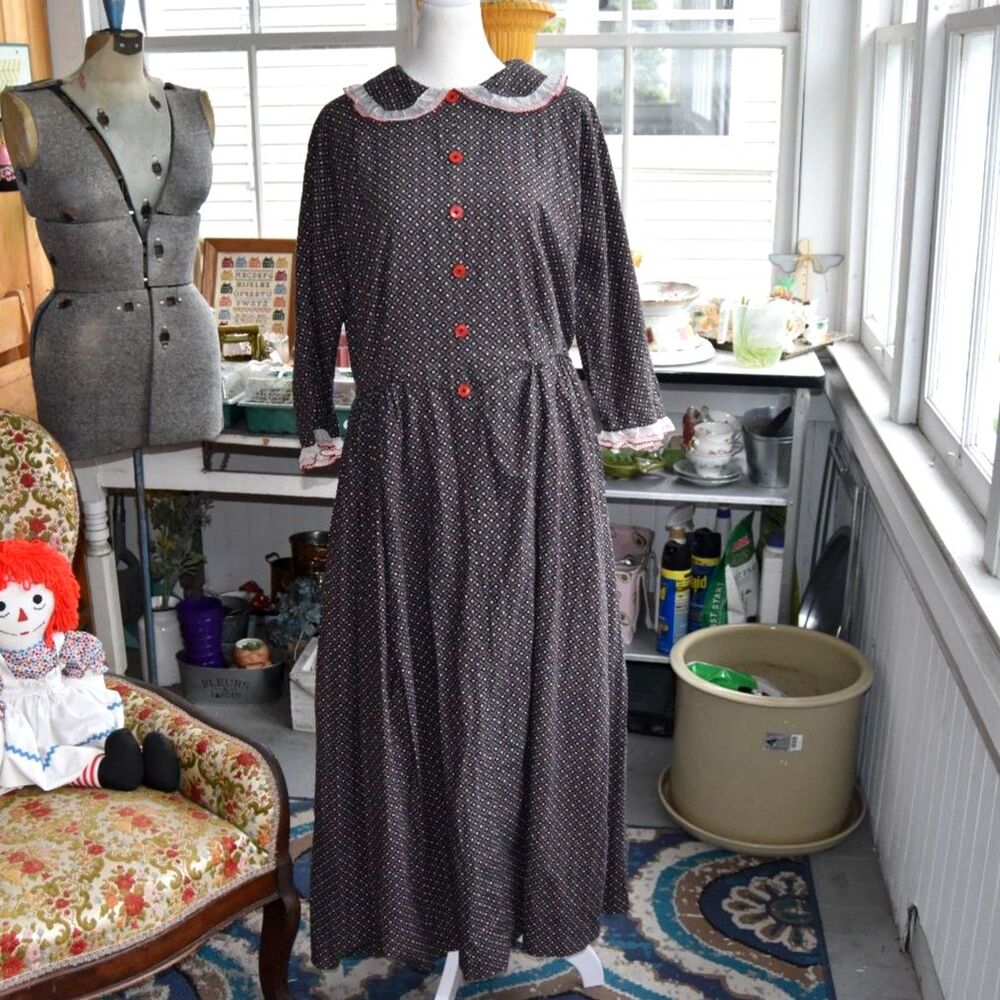 Vintage Moreland Prairie Dress 60s Heart Calico Ruffle Collar Maxi Dress Lg-XL